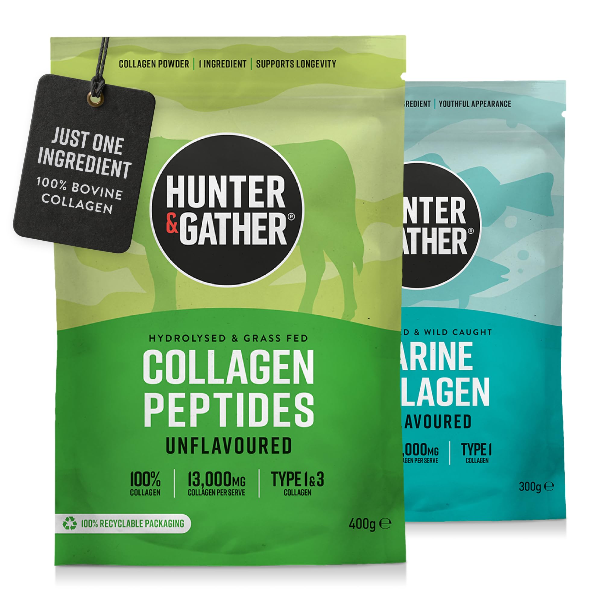 Hunter & Gather Collagen Peptides Bundle | Grass-Fed Bovine Collagen Powder 400g Wild Caught 300g Marine Collagen Powder | for Hair, Skin, Nails and Muscles (100% Recyclable Resealable Pouch)