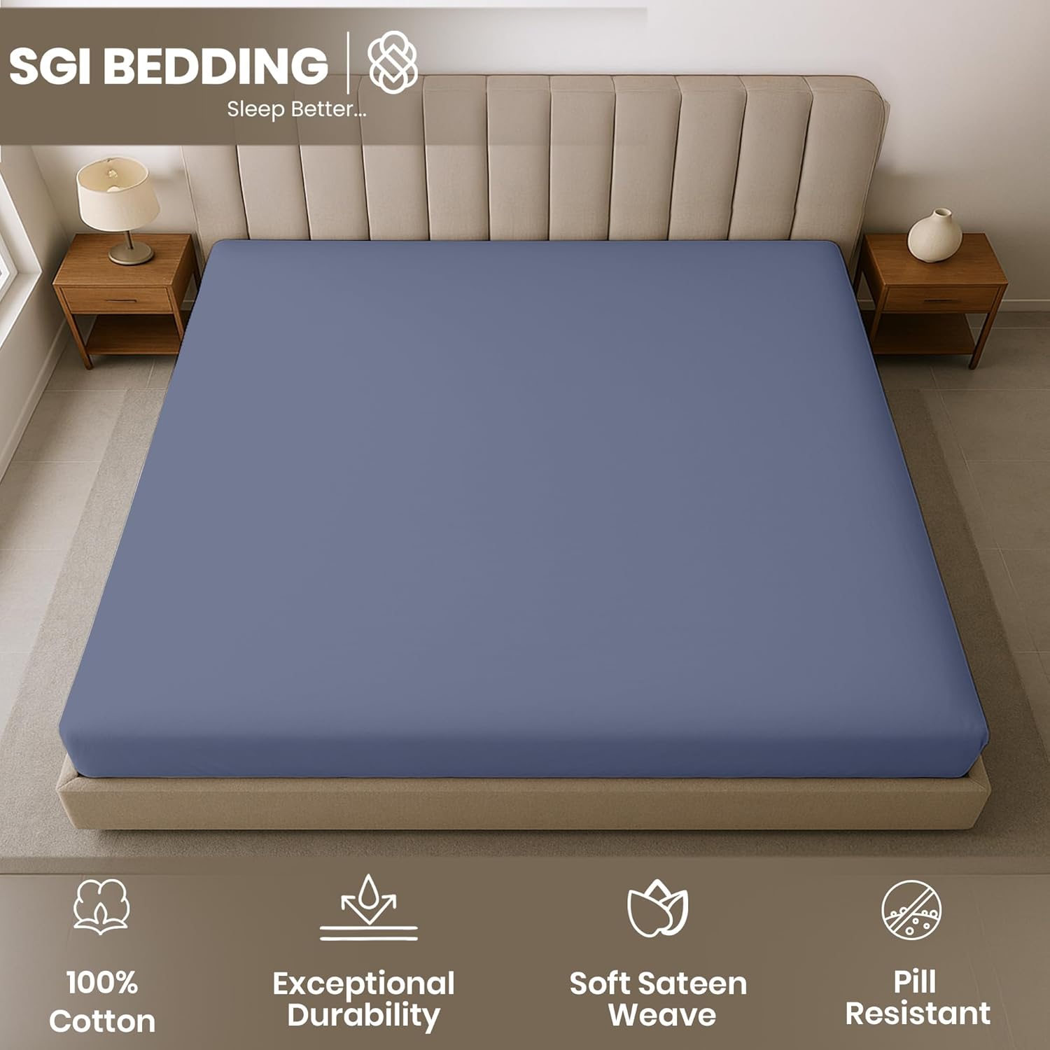 SGI bedding 108" W x 80" L 1 Pc Florida King Fitted Sheet Only 100% Egyptian Cotton - 1000 Thread Count, Fits 18" Deep Pocket - Soft Luxury Oversized Sheets, for Extra Large Beds - Mediterranean Blue