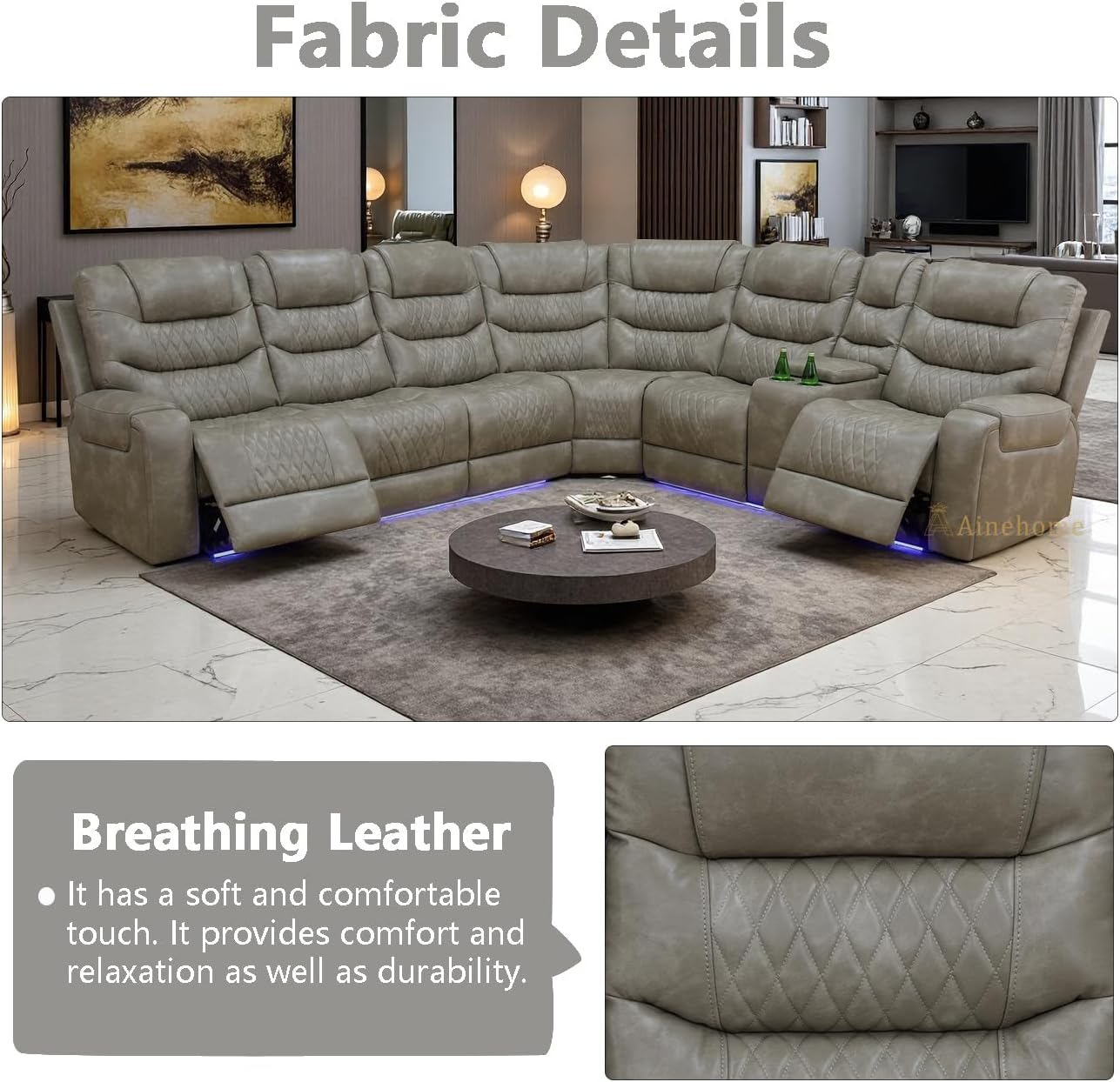 A Ainehome Power Recliner Sofa Sectional Sofa with LED Light for Living Room, Grey Leather Reclining Corner Sectional Couches Set with 2 Recliner Seats, Cup Holder, Storage Console for Home