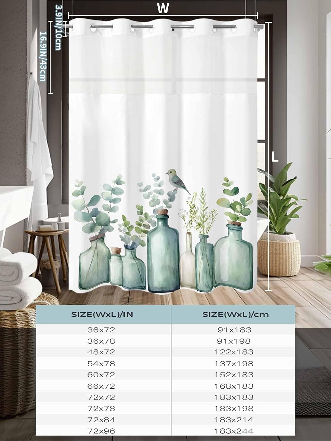 No Hook Shower Curtain, Teal Eucalyptus Leaves Stall Bathroom Curtains with Snap in Liner, Watercolor Vase Birds Waterproof Washable Fabric Shower Curtain Set, 54" x 78"