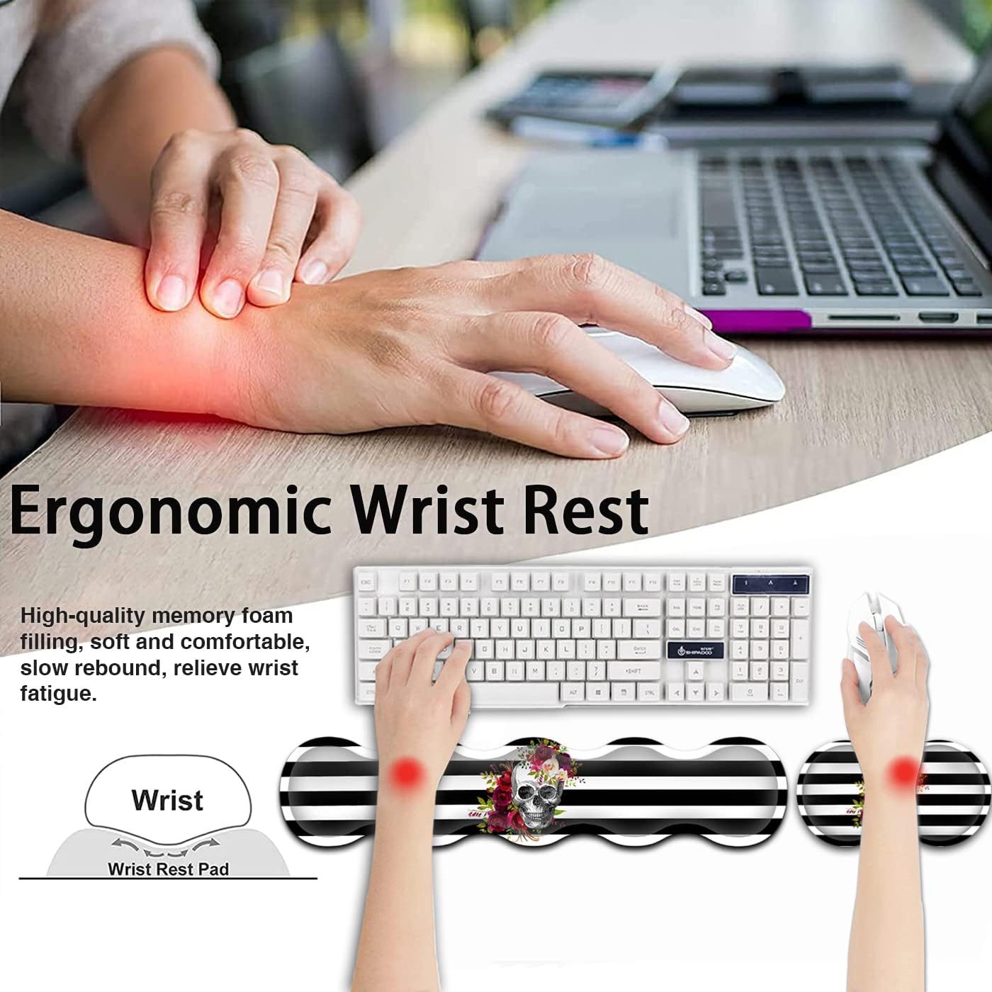 Ergonomic Keyboard Mouse Pad Wrist Rest Support Set, Extended Gaming Mouse Pad, Large XXL Mousepad + Memory Foam Wrist Rest, Waterproof Office Desk Mat Writing Pad, Skull Red Flower White Mousepad