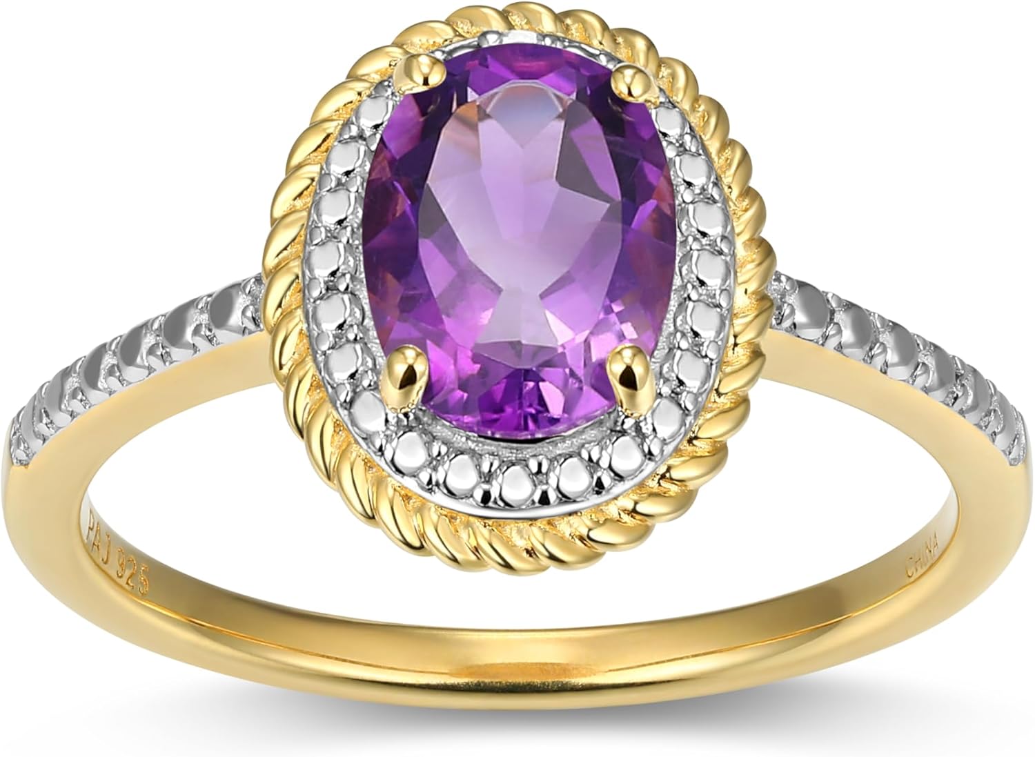 MORGAN & PAIGE .925 Sterling Silver 18K Yellow Gold Plated Oval Birthstone and Diamond Accent Halo Statement Ring - Prong Setting Women’s Birthday Silver Jewelry for Her, Choice of Gemstones