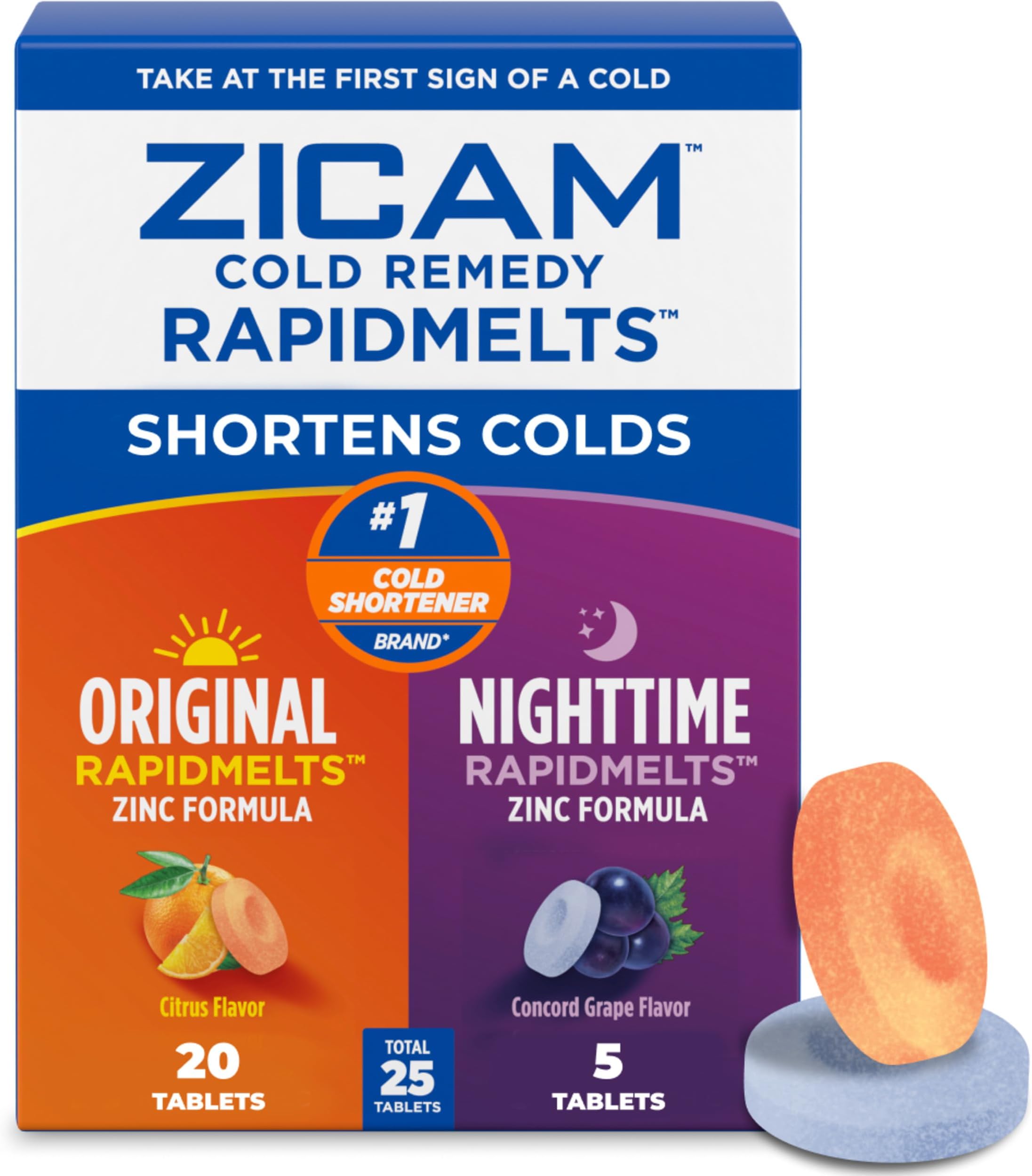 Cold Remedy RapidMelts Original + Nighttime Combo Pack, Homeopathic Zinc Cold Remedy for Adults and Children 12 & Older, Citrus and Grape Flavors, 25 Count