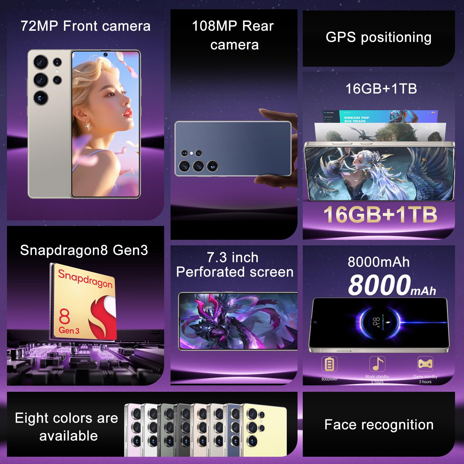 ULUCAN Telefono cellulare S26 Ultra con penna integrata a basso prezzo, schermo HD originale da 7,3 pollici con foro, versione globale 5G, telefono intelligente, sblocco tramite impronta,Gray-7.3IN