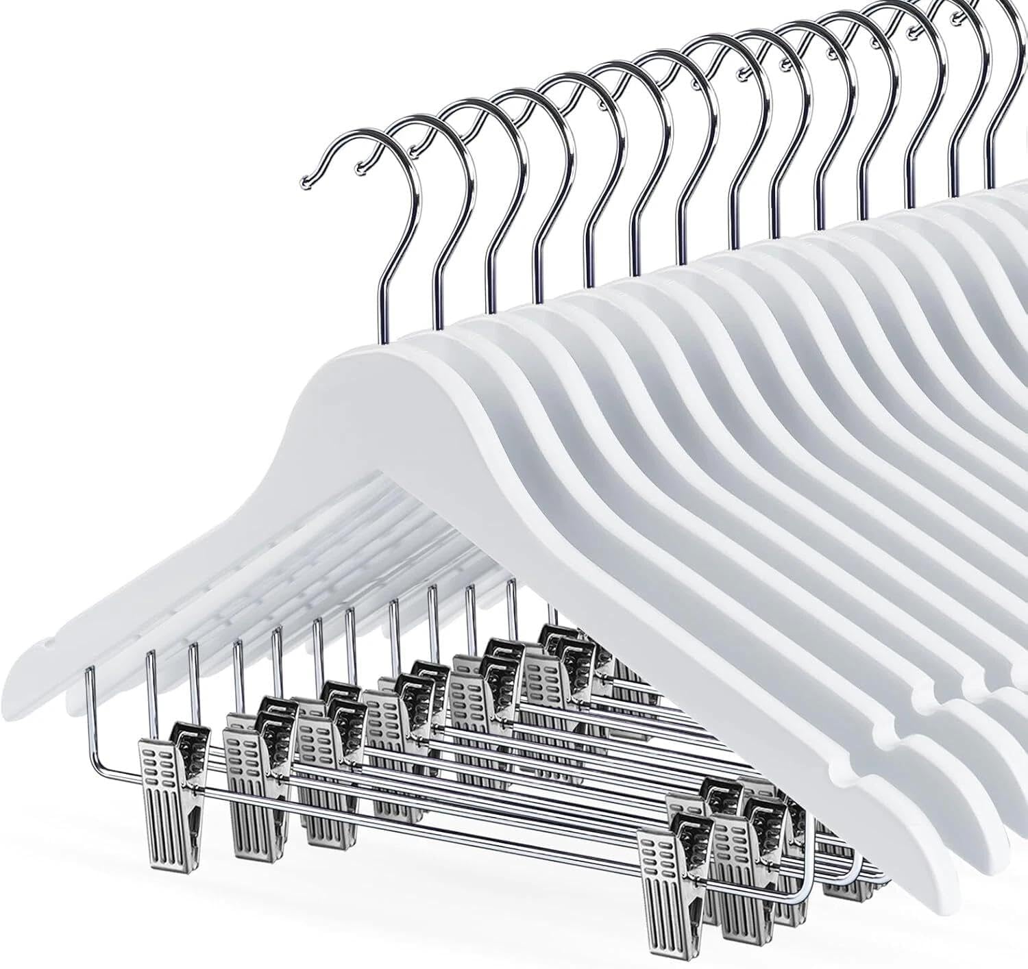 for White Wooden Skirt Hangers with Clips 16Pack Coat for Closet Heavy Duty Pants