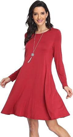 VintageClothing Womens Long Sleeve Swing Midi Dress with Pockets Casual