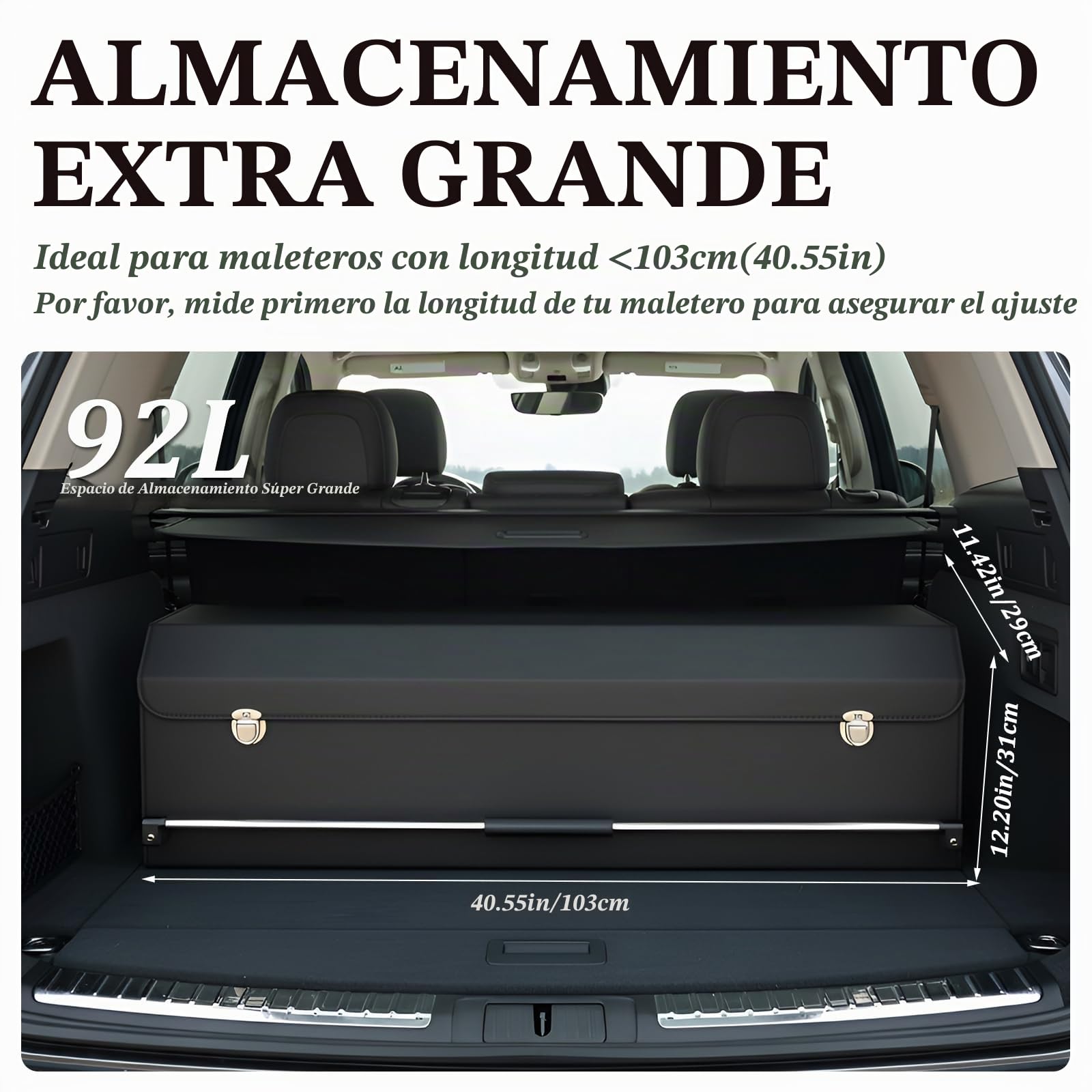 Organizador de Maletero con Tapa – Piel NAPPA Premium, Asa Deslizante Portátil & Caja de Almacenamiento Estable Universal para Coche y SUV (Negro, 103 x 29 x 31 cm)