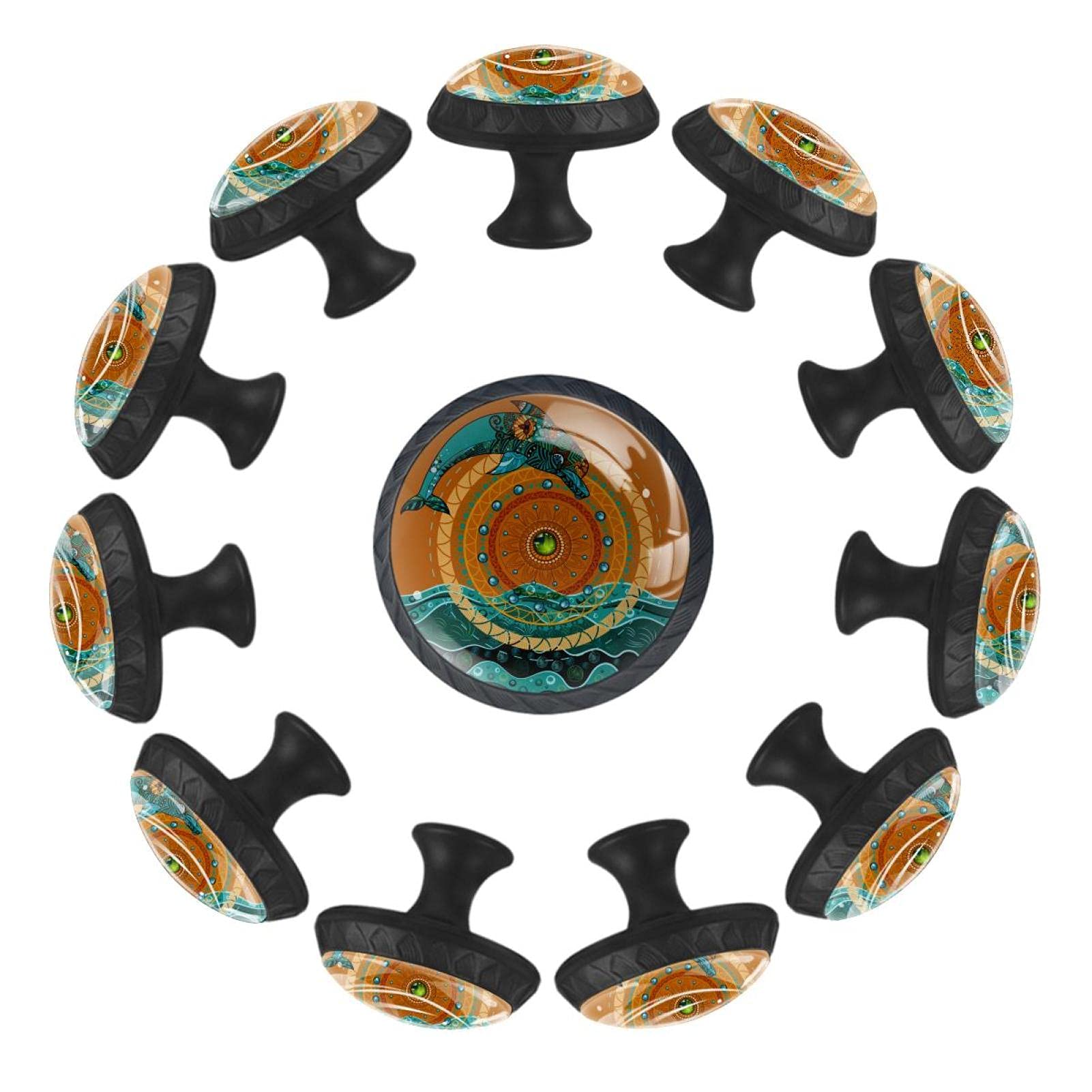 Boutons de tiroir style mandala ethnique et dauphins poignées rondes rétro lot de 12