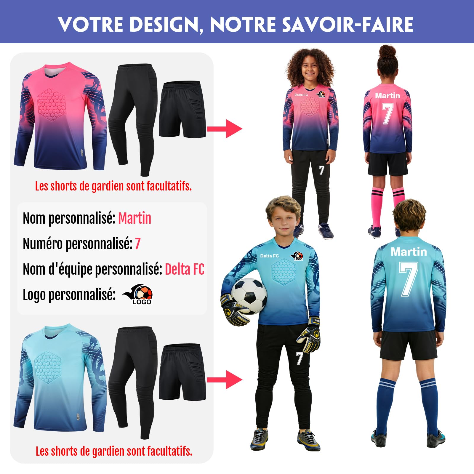 Maillot de Gardien Personnalisable Tenue de Gardien de But Maillot + des Pantalons Personnalisé avec Nom Nombre Nom de l'équipe Logo