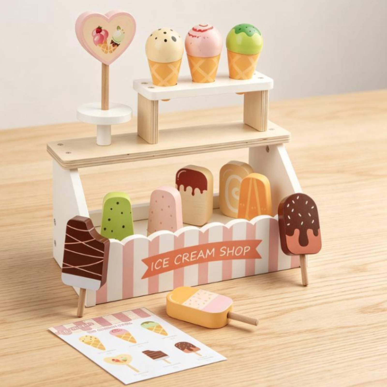 Banco Gelateria Bambini Gioco Stand Negozio Banco Vendita Chiosco Gelati Set con Gelati in Legno E Lavagnetta Menu per Interazioni Cliente Adatto per Casa Asilo Regali