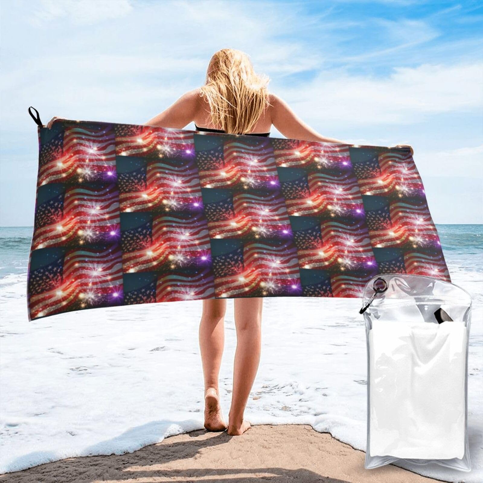 FHIZOAL Firework American Flag Bright Quick Dry Towel Microfibre Towel Super Absorbent Ultra Compact Gym Sports Beach Camping Travel