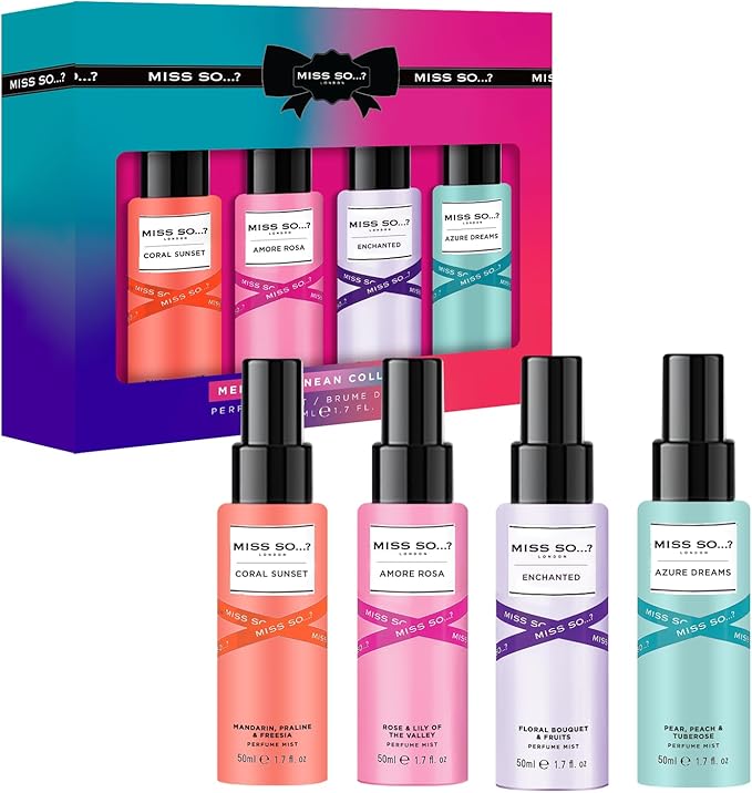 Miss SO...? Mediterranean Coffret cadeau Brume corporelle pour femme, vaporisateurs parfumés, 4 x 50 ml