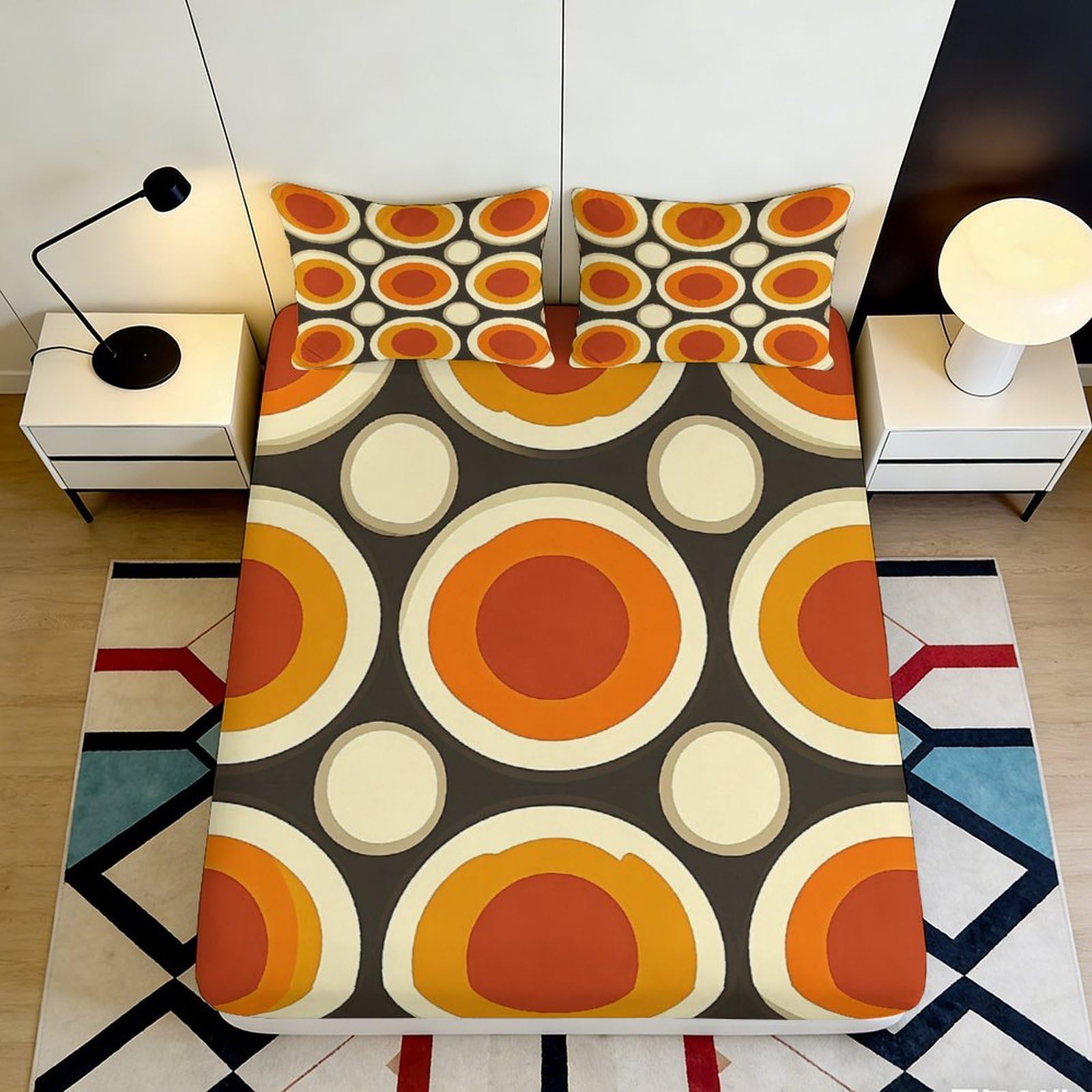 Pnayamiorkfel Style-6 3D Printed Retro Geometric Fitted Sheet Microfiber Orange Brown Circle Pattern Mattress Cover For Bedroom Guest Room Decor 90X200x25cm