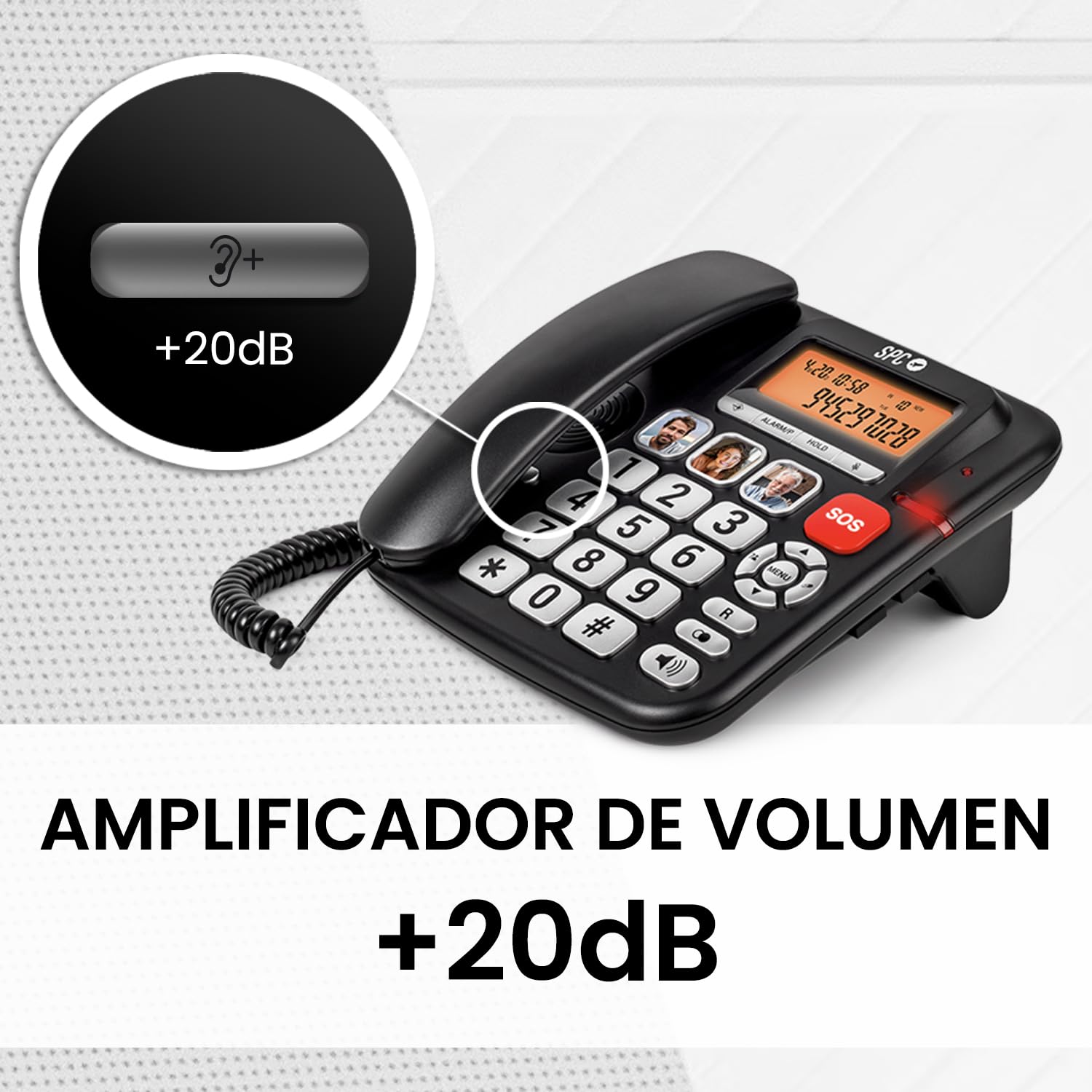 SPC Comfort Volume Pro – Teléfono Fijo para Mayores Teclas Grandes, Timbre Muy Alto y Pantalla iluminada | Volumen Llamada amplificable +20dB | Memorias directas, SOS y Compatible audífonos – Negro