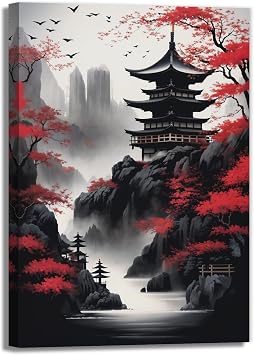 Japanese Framed Wall Art Japanese Landscape Picture Canvas Prints Black And Red Cherry Blossom Trees Posters Vintage Painting For Bathroom Living Room Bedroom Home DecorArtwork-1,12"x18"