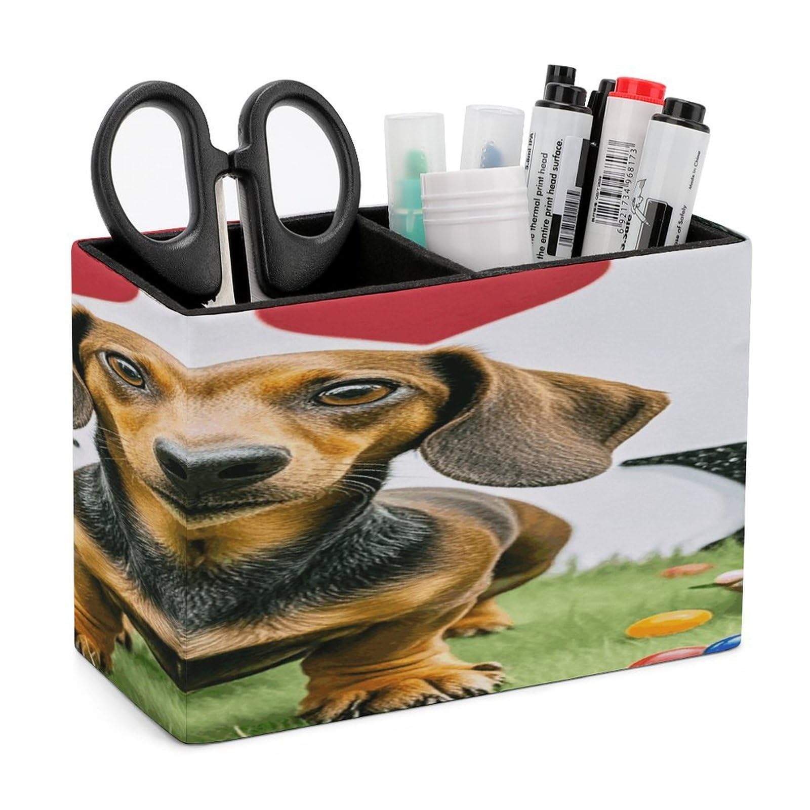 VstaDank I Love My Dog Dachshunds Pencil Holder for Desk Organizer 2 Compartments Pen Cup Leather Square Pen Holder Pencil Cup Stand Makeup Brush Holders for Desktop Organizer Storage Case
