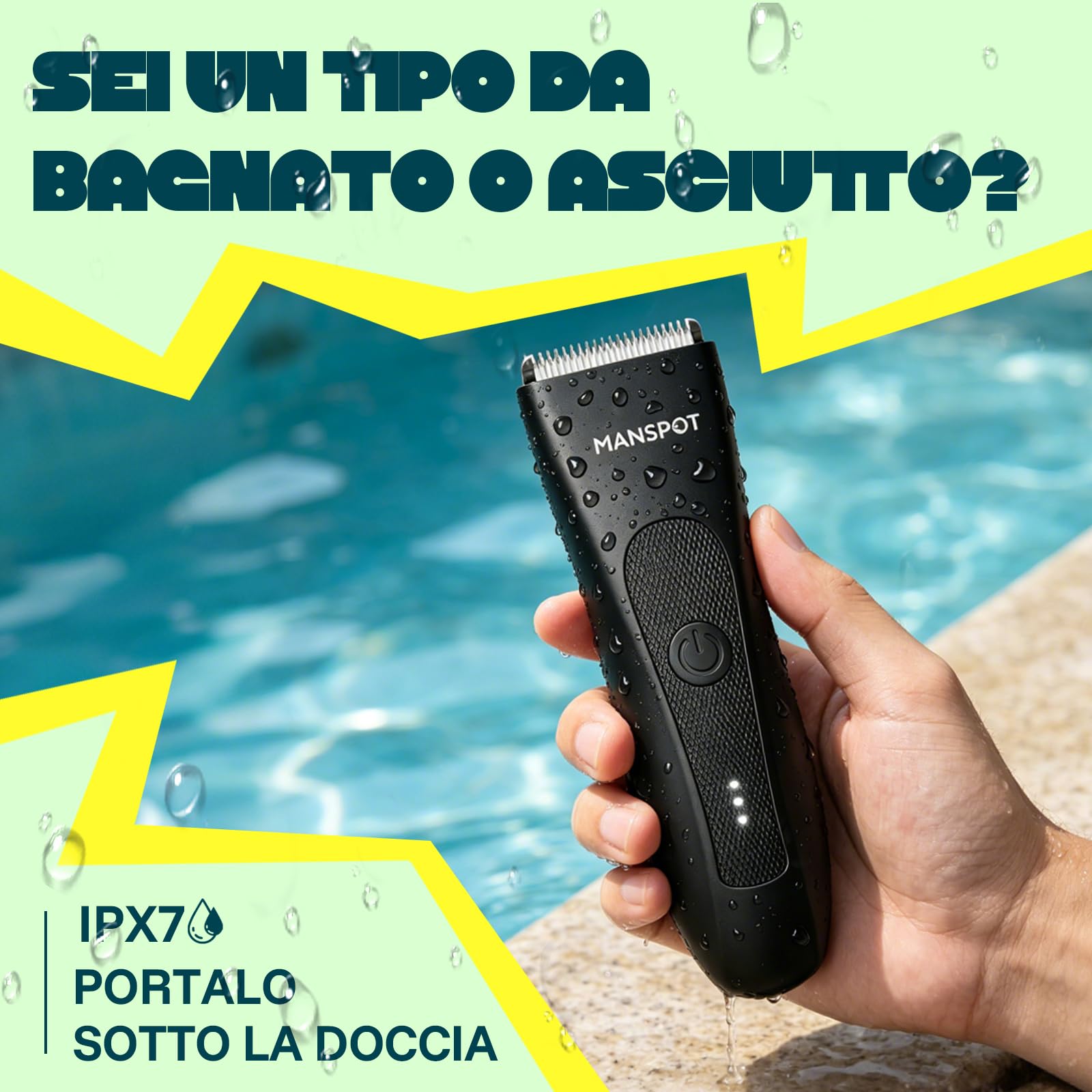 MANSPOT Rasoio Elettrico Corpo Uomo, Depilatore con Lama in Ceramica | Ipoallergenico, IPX7 Impermeabile Wet & Dry, 4 Pettini Guida per Parti Intime, Zone Sensibili, Barba, Braccia, Gambe, Ascelle