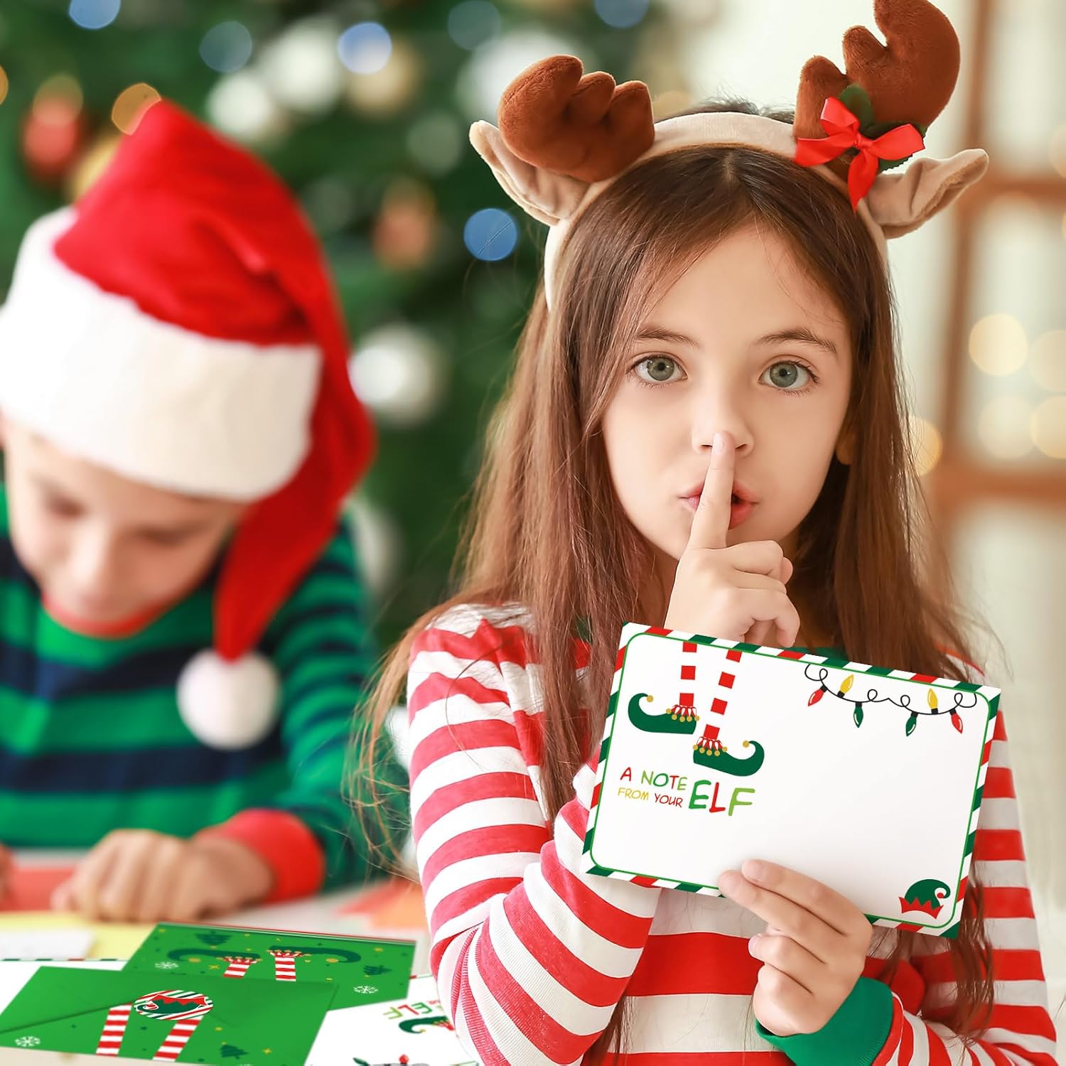 Christmas Elf Notes Cards with Envelopes 4 x6 Lime Green 100 Thank You Stickers Bulk, a Note from Your Elf Legs Greenery Merry Xmas Greeting Card for Student Surveillance Report Activities Stationery