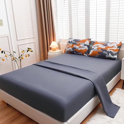 Vista 95 de Meeting Story Juego de ropa de cama de camuflaje, juego de edredón estilo patrón colorido, 5 piezas, un edredón, dos fundas de almohada, dos sábanas