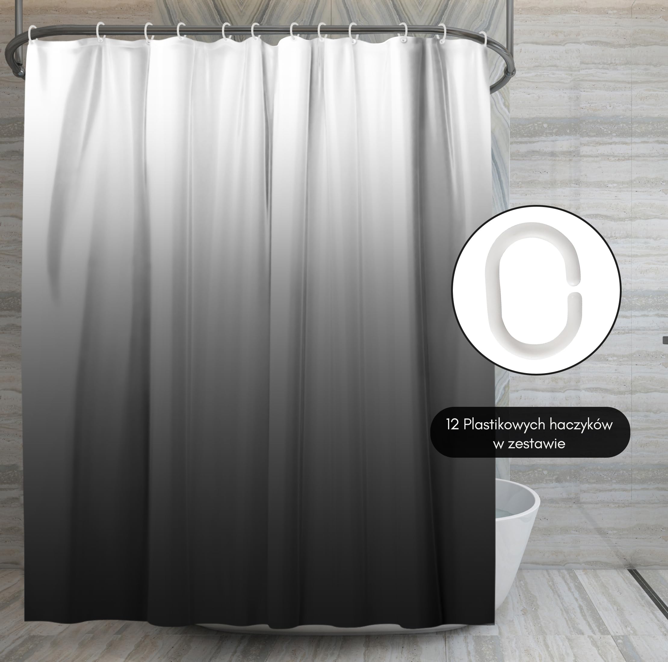 Americanflat zasłona prysznicowa 180 x 200 cm – wodoodporna zasłona łazienkowa, 100% poliester, z metalowymi przelotkami i 12 plastikowymi haczykami – w kolorze szary ombre