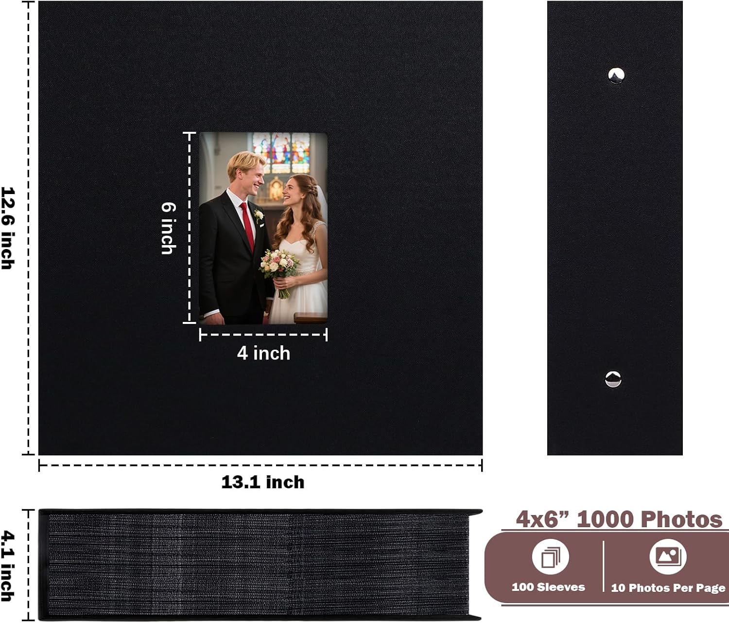 Extra Large Capacity Photo Album 4x6 1000 Pockets, Linen Cover and Front Window, Holds 1000 4x6 Horizontal and Vertical Photos, 4 x 6 Picture Book for Family Wedding Anniversary Vacation, Black