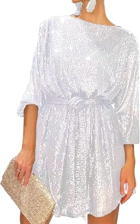 Women Long Sleeve Sequins Glitter Dress Sparkly Party Loose Fit Shift Mini Short Dress Elegant Evening Cocktail Dress
