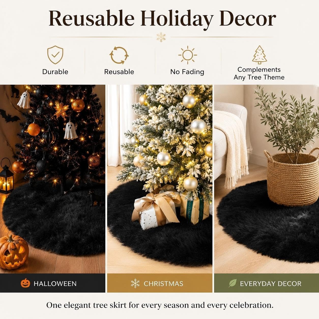 28 Inch Black Faux Fur Christmas Tree Skirt for Halloween Decorations | Anti-Slip Backing, Fits Trees Under 5FT, Soft Black Faux Fur, Double-layer Plush, for Holiday Small Tree Party XMAS Decor