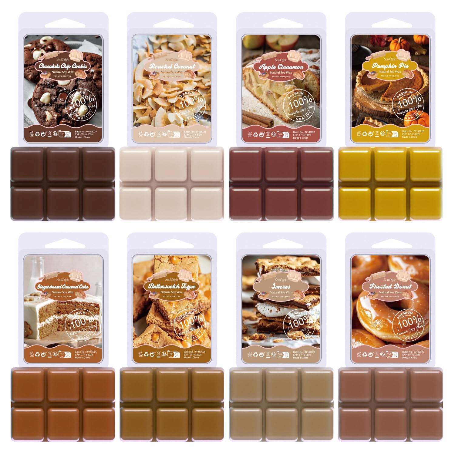 SoulOrigin Bakery Scented Wax Melts,Scented Soy Wax Cubes Gift Set for Wax Warmer-Chocolate Chip Cookie,Butterscotch Toffee，Apple Cinnamon,Roasted Coconut,Pumpkin Pie,Gingerbread Caramel Cake 8x2.5oz