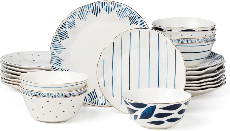 Juego de vajilla de 24 piezas de porcelana Blue Bay para 8 | cerámica, apto para lavavajillas, apto para microondas | juegos de platos y cuencos para cocina y comedor | plato de 11 pulgadas