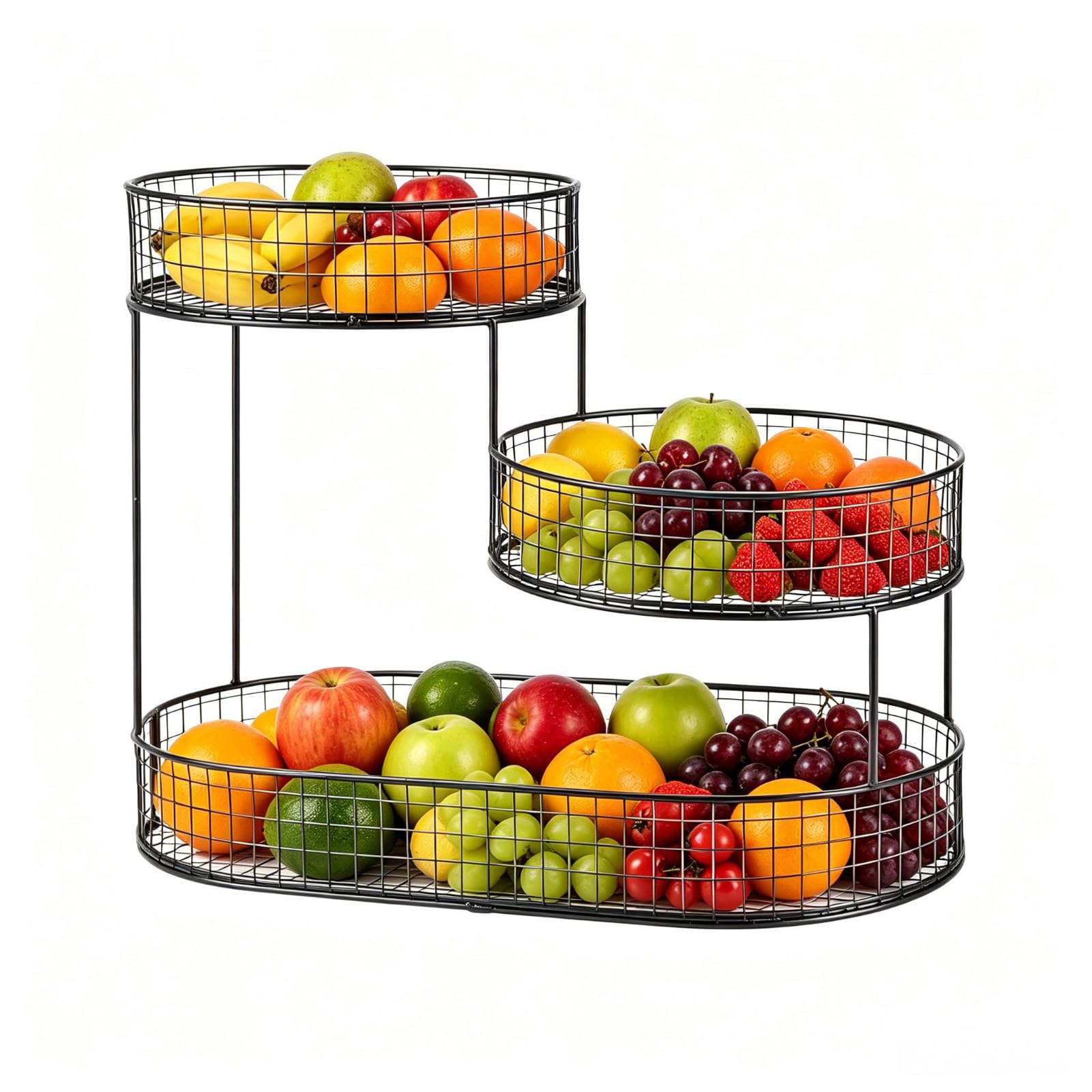 BREEZENEST Metal Fruit Basket 3 Tier Wire Fruit Bowl Stand Space Saving Vertical Storage Rack for Kitchen Counter Heavy Duty Vegetable Holder for Onions Potatoes Bread Snacks Home Décor Black