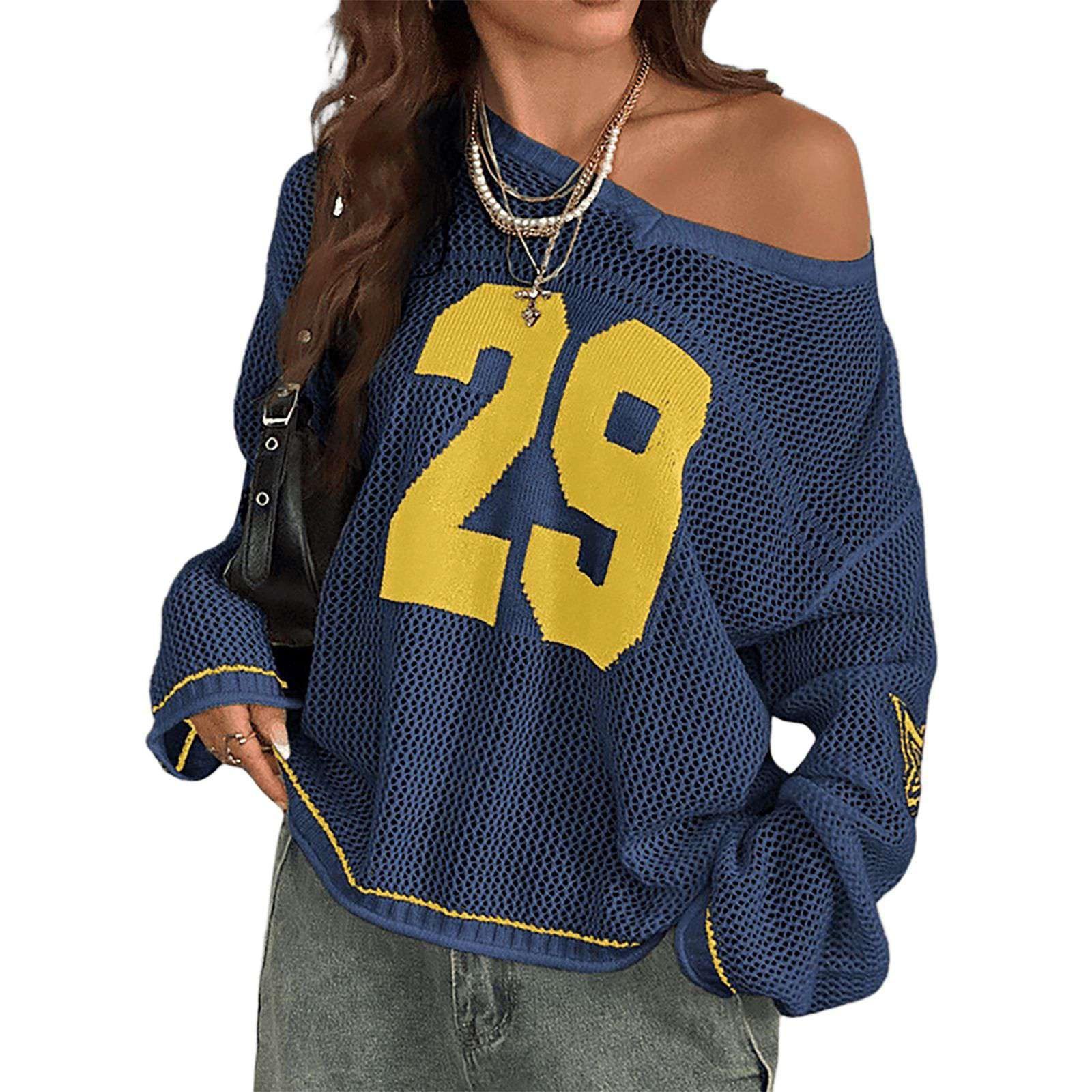 Vintage Y2K American Style Off Shoulder Mesh Hollow Knit Sweater Womens Oversized Lightweight Long Sleeve Tops Small Blue