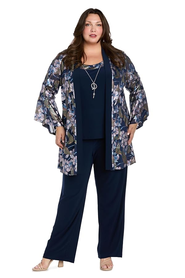 R&M Richards Women's Floral Foil Print Mock Top Jacket W/Bell Sleeves & Pull-On Pants - 2-Piece Pant Set for Evening Events by R&M Richards - Image 2