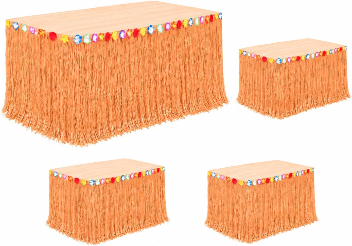 4E's Novelty 4 Pack Luau Grass Table Skirt 9 Ft 108" Wide with Hibiscus, Reusable - for Jungle Party Decorations, Tropical Beach Tiki Moana Birthday Party Decor Supplies Accessories