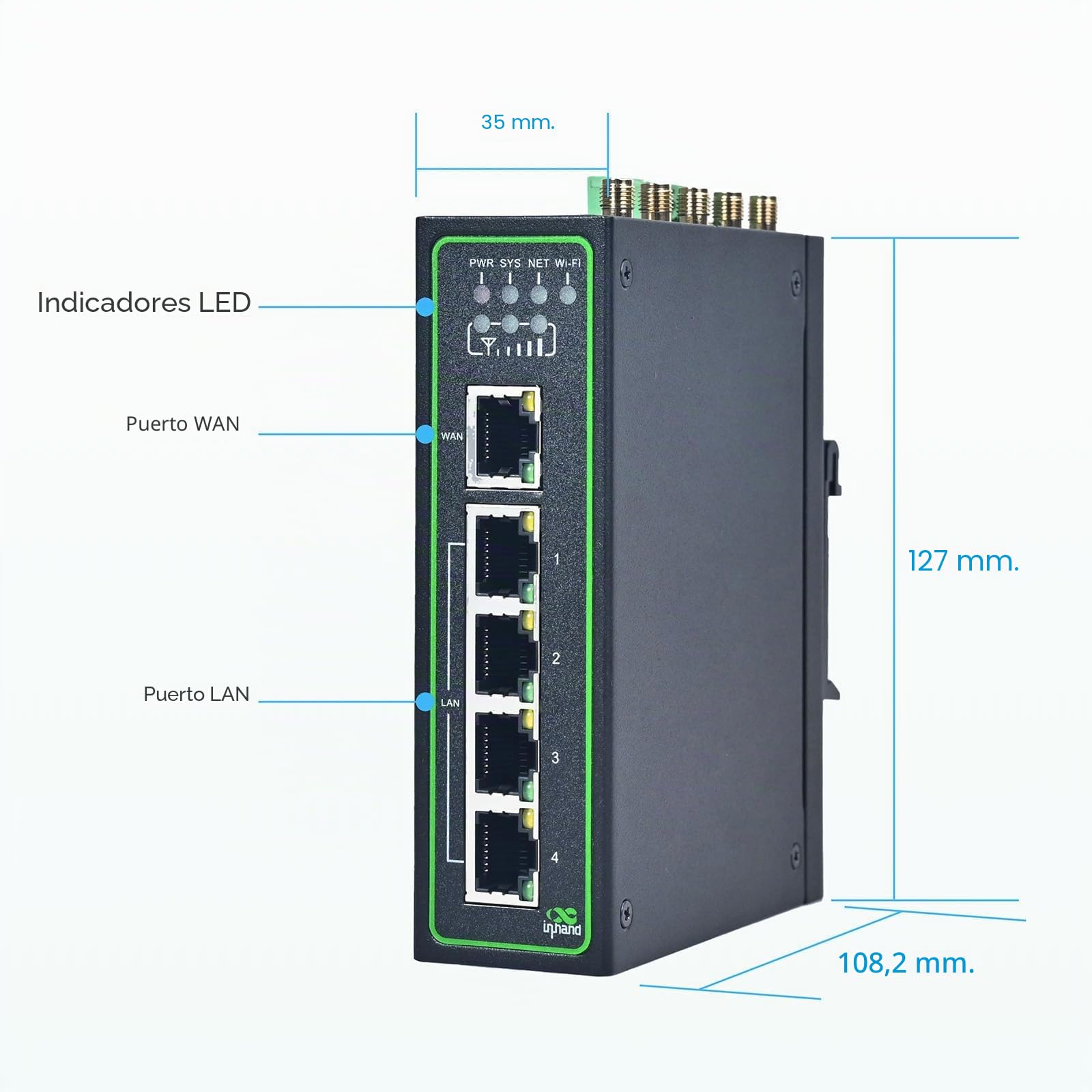 InHand Networks IR315 Router 4G LTE Industrial, Wi-FI, 5 puertos Ethernet, Dual SIM, RS232/RS485 & GNSS, Modbus, VPN, Rail DIN, Solución profesional para automatización y telemetría