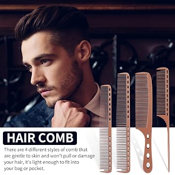CGBARBER 4 Types Aluminum Hair Combs for Cutting Stainless Steel Hair Tail Metal Comb (Bronze)