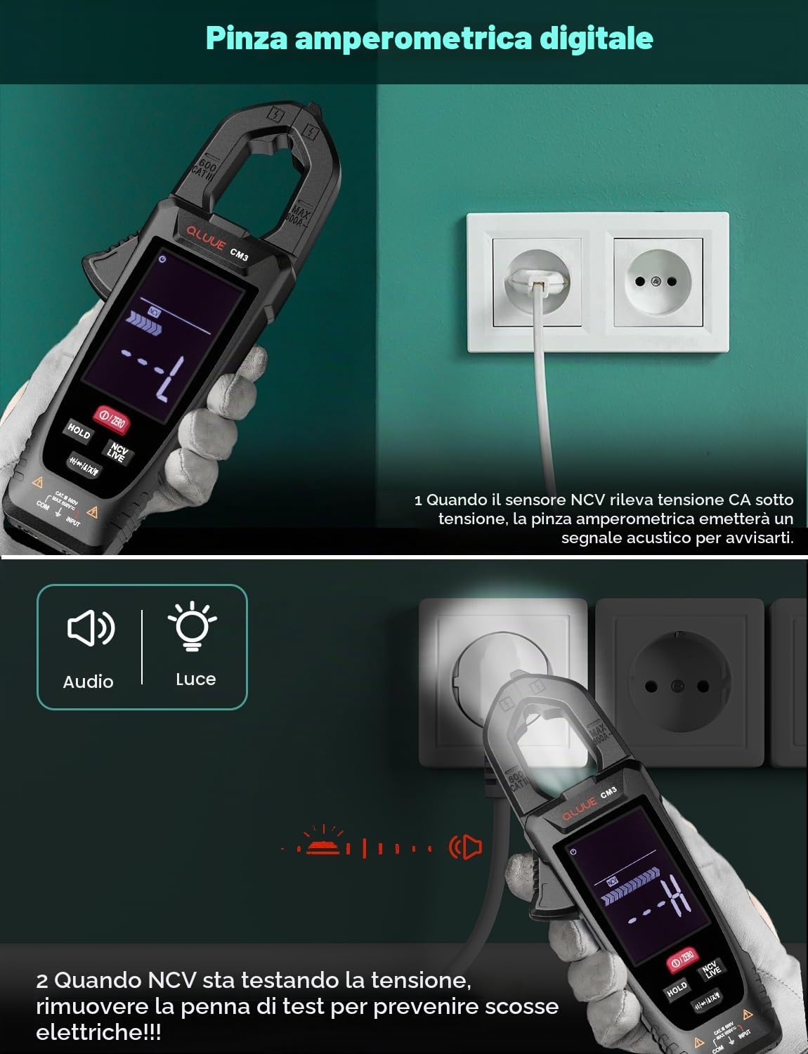 Clamp Metri Multimetro Test di tensione AC/DC, strumento con tester automatico NCV, misurazione di corrente, temperatura, capacità, resistenza, passaggio