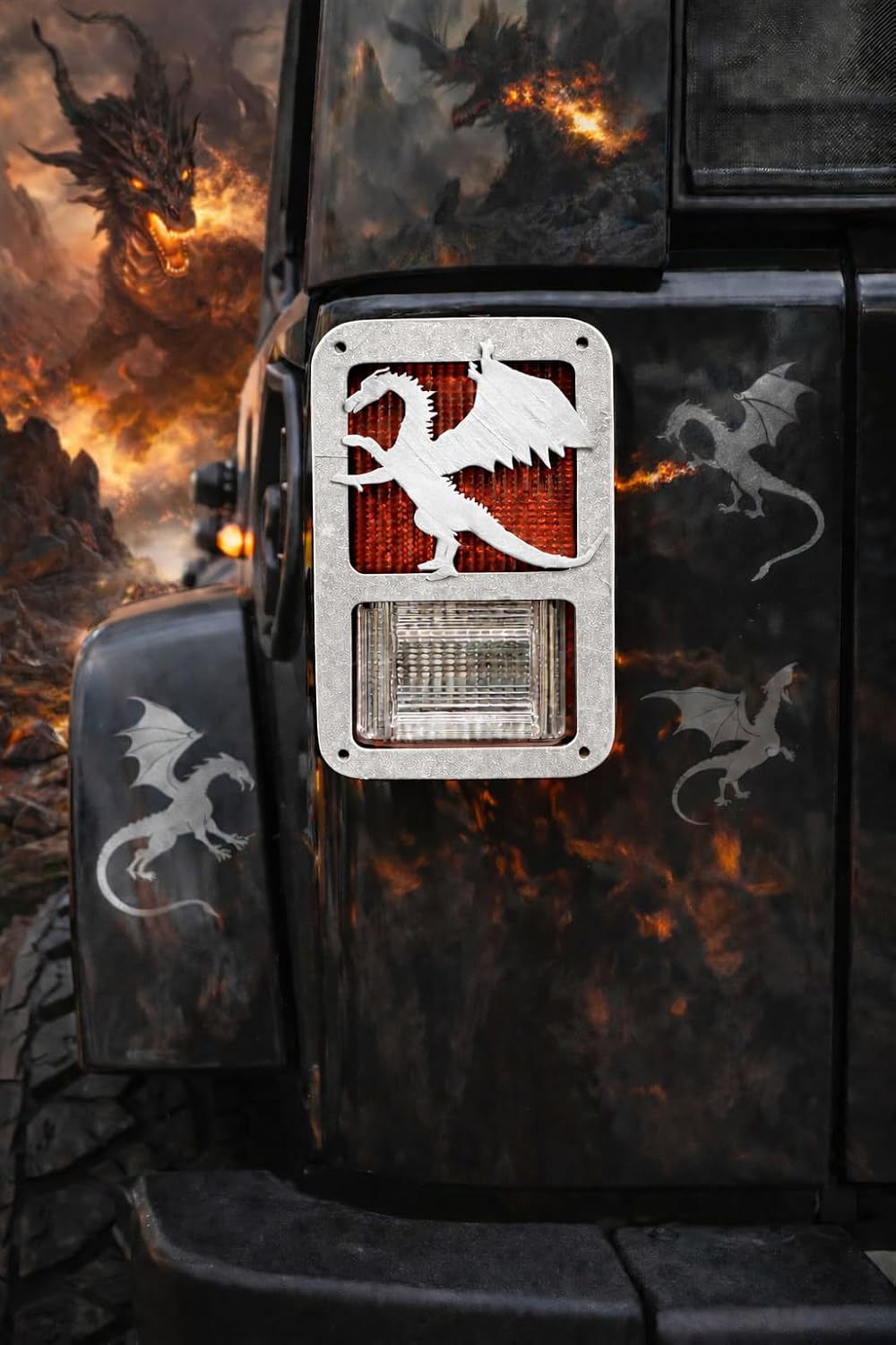 Mystical Dragon w Wings in 3D Colors for Jeep Wrangler JK/JKU Rear Tail Light Covers (07-18) Love Dragons Flying Beast Monster Animal (White)
