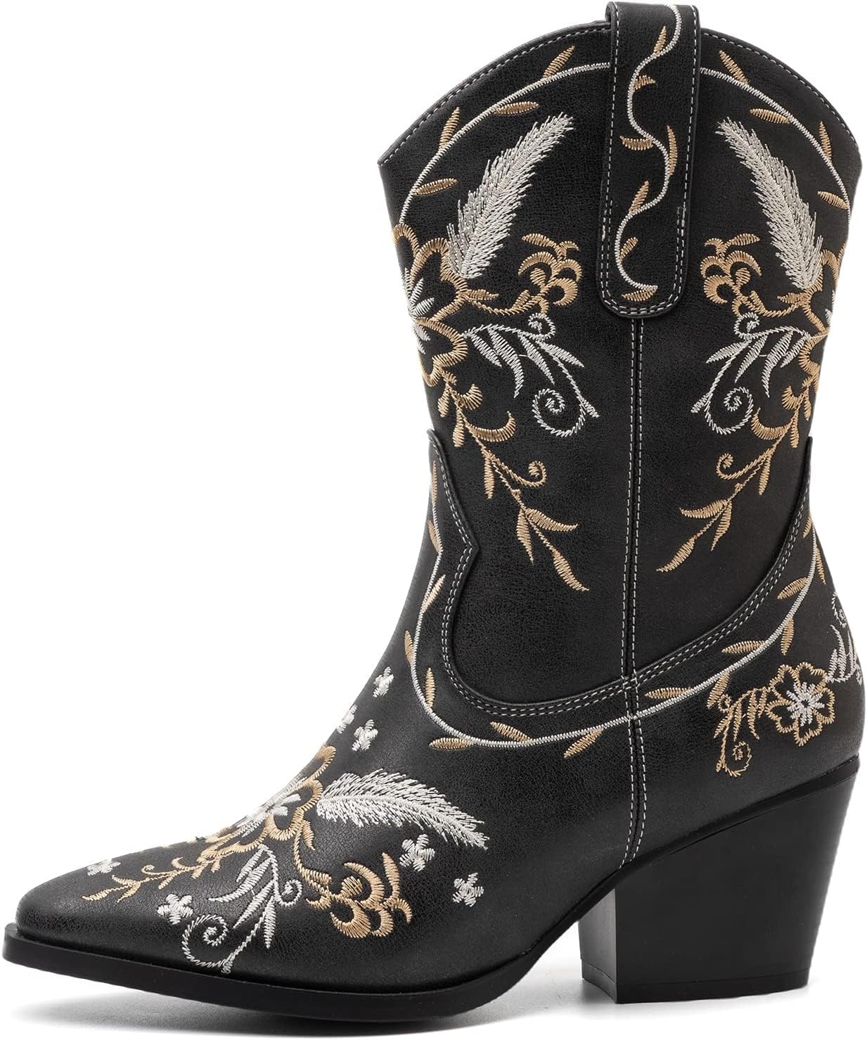 ANJOUFEMME Womens Wide Calf Cowboy Boots, Western Cowgirl Mid Calf with Gold Embroidery, Chunky Heel Zip Up Pointed Toe Boots