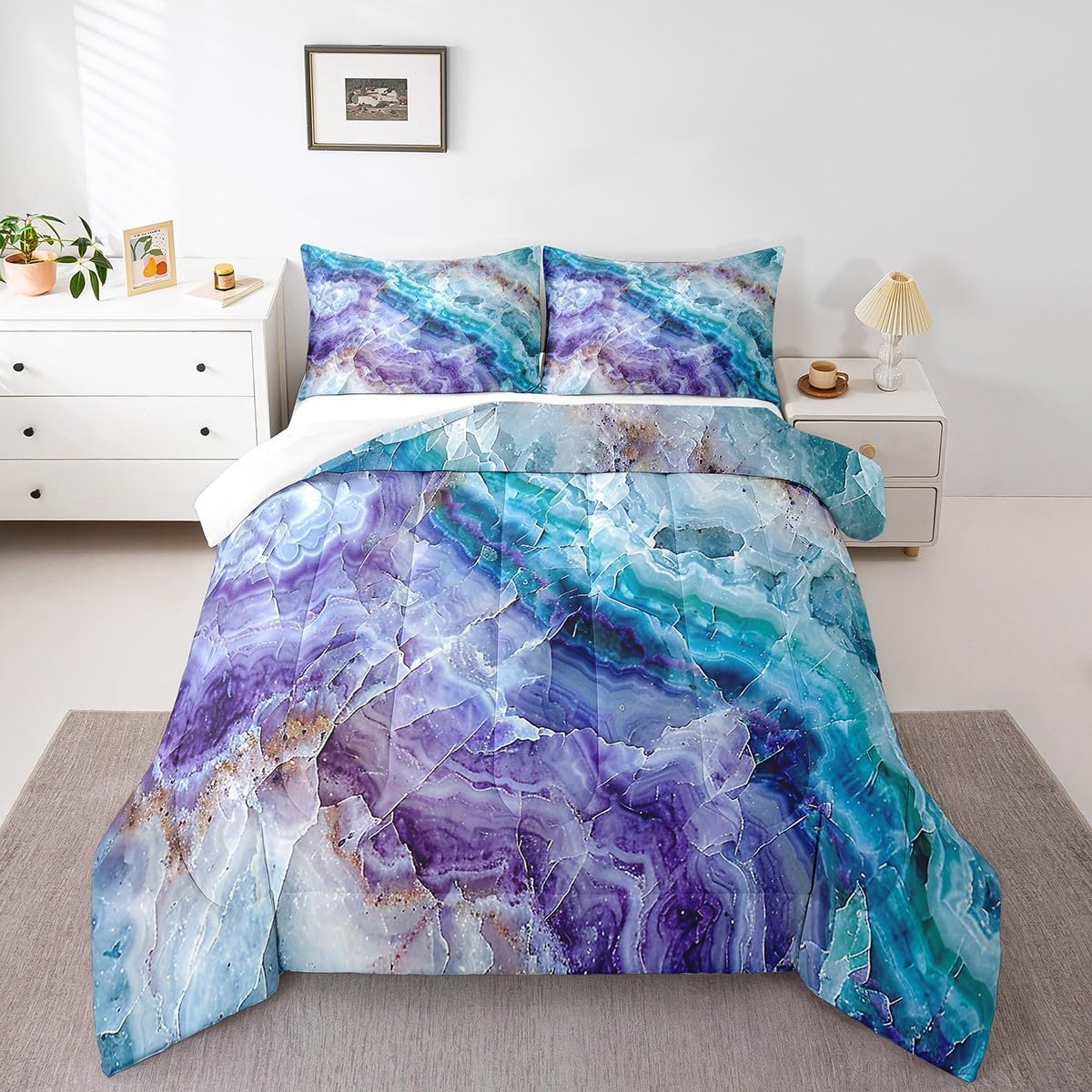 Castle Fairy Marble Bedding Set Twin Size Modern Marbling Comforter Boys Girls Bedroom Decor Fashion Fluid Stripes Comforter Set Purple Teal Duvet Set 2Pcs Quilt Set Set with 1 Pillowcase