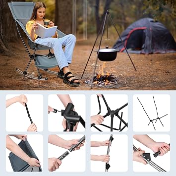 Oversized Folding Rocking Camping Chair,Portable Mesh Rocker Chair with Storage Bag for Patio Lawn Garden Outdoors Heavy Duty Folding Chairs Supports 253 lbs Grey