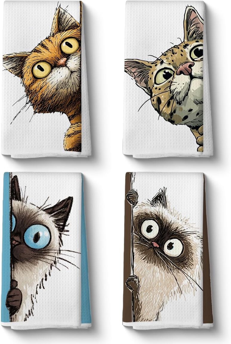 Funny Cat Peeking Kitchen Towels Decor Dish Towels Cat Gifts for Women - | Cartoon Cats Hand Towel for Bathroom Decor, Waffle Weave Microfiber Cleaning Cloth Tea Towel 14 x 24 Inch Set of 4