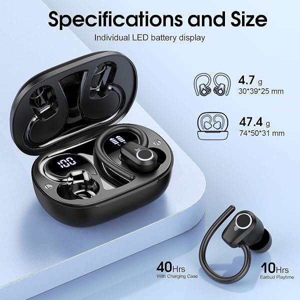 Wireless Earbuds, Bluetooth 5.3 Headphones with 4 ENC Noise Canceling Mic, 50H Stereo Dual LED Display Ear Buds, Sport Bluetooth Earphones with Earhooks, IP7 Waterproof Wireless Headphones for Running - 3