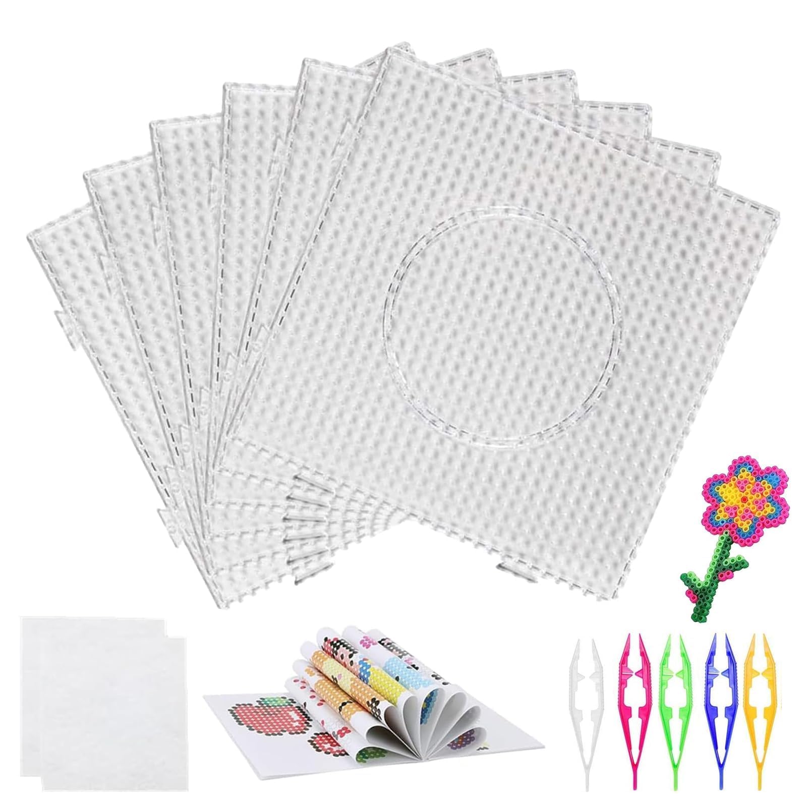 4PCS Fuse Beads BoardsTransparent Pegboards, 2.6mm with 5 Pieces of 5-Color Puzzle Tweezers and 10 Pieces of Special Ironing Paper for Puzzle for DIY Handmade Products