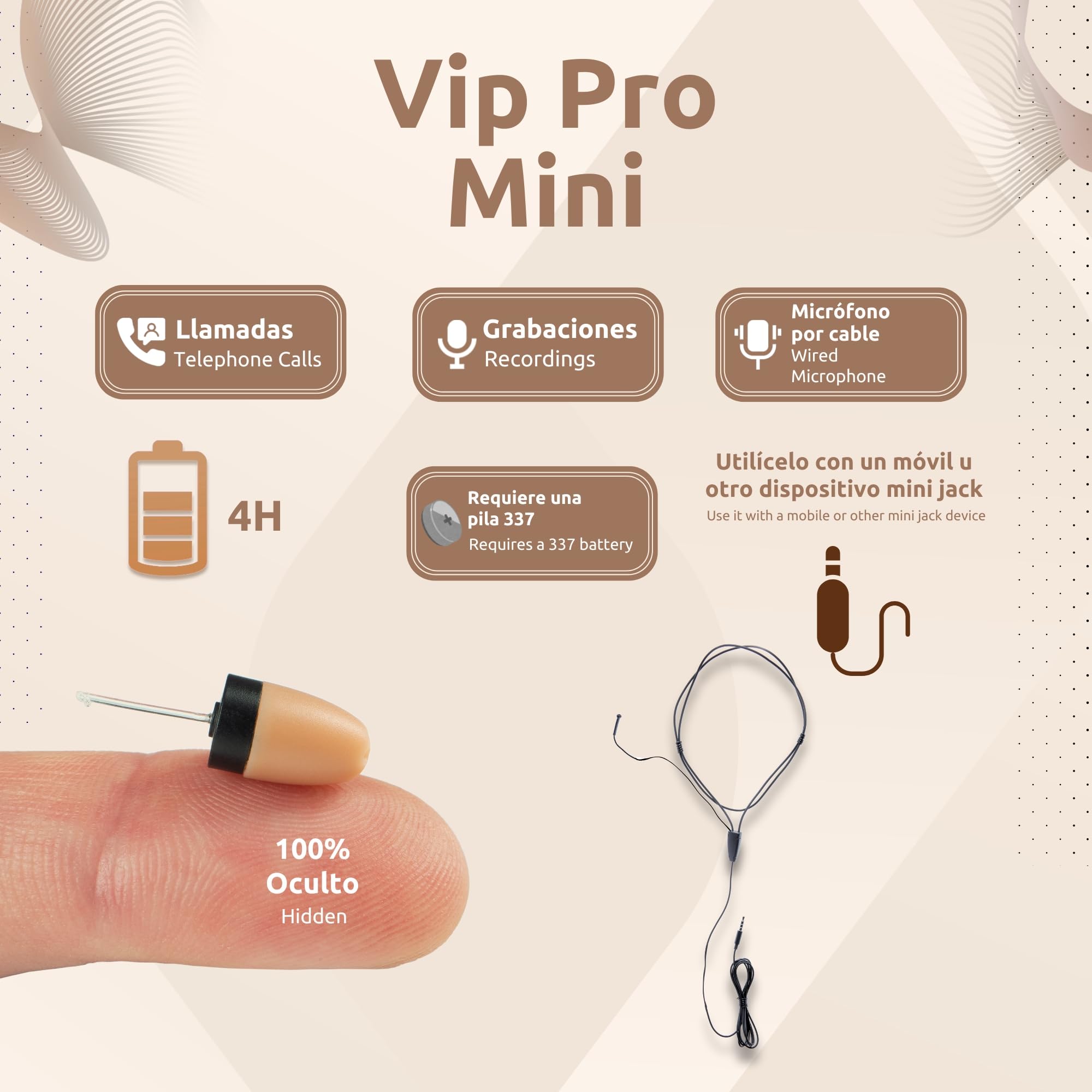 PingaOculto Pinganillo Examenes por Cable Oculto (VIP Pro Mini + Microfono) | Jack 3,5 mm, Botón multifunción, Llamadas y grabaciones, iPhone y Android, Invisible, Auricular inalámbrico, Tamaño mini