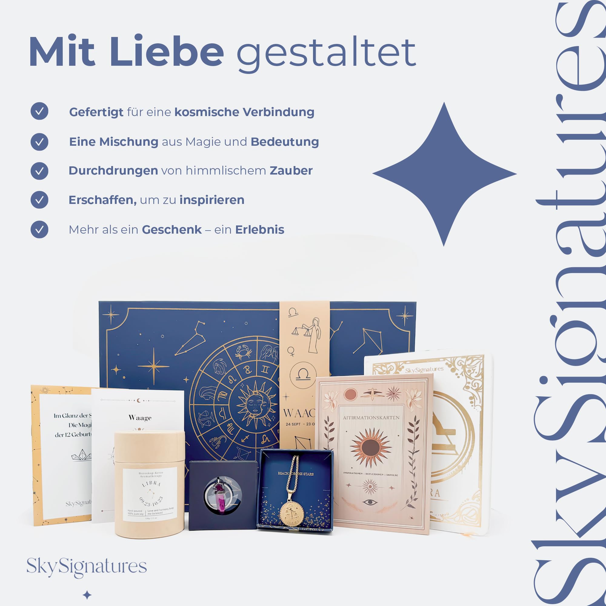 Krebs Sternzeichen Geschenkset– Luxuriöse Astrologie-Box mit Duftkerze, Journal, Geburtsstein-Anhänger, Affirmationskarten Sternzeichen-Kette Mediation, Selbsterkenntnis, für Frauen