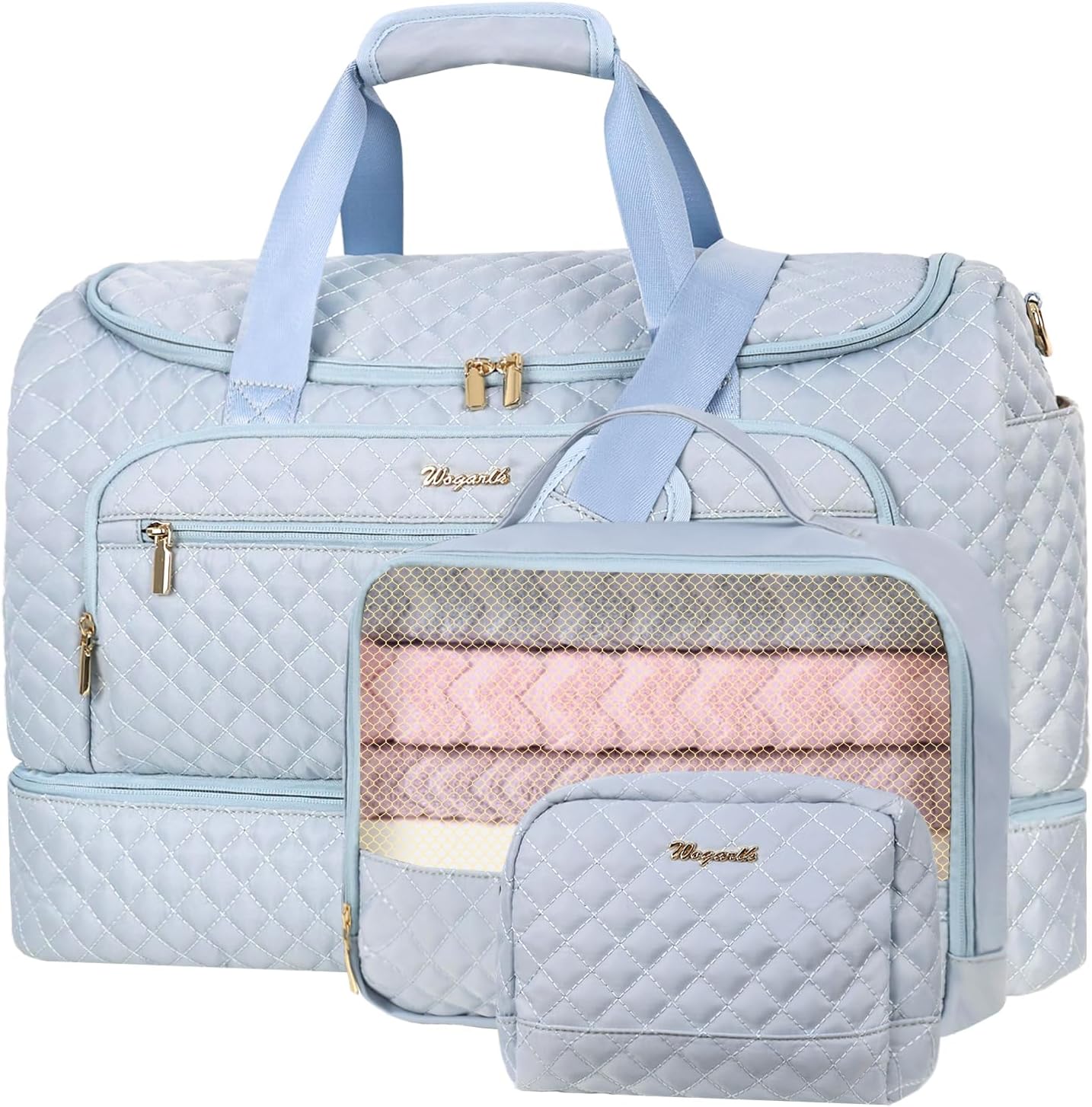 Wogarl 3PCS Weekender Bags for Women Large Overnight Bag Weekend Travel Duffel Bag Carry on Shoulder with Shoe Compartment Canvas Toiletry Bag for Travel Business Gym,Sky Blue