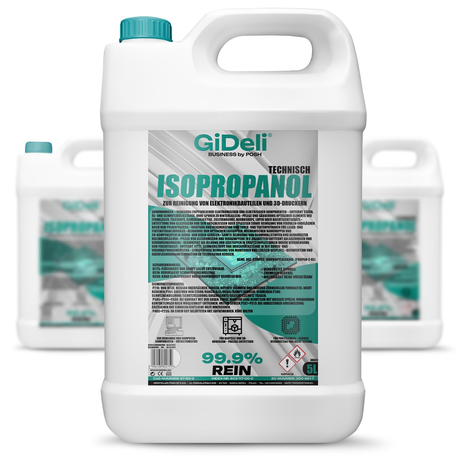GiDeli Isopropanolo Tecnico 3x 5L - Alcool isopropilico 99,9% - Pulizia di componenti elettronici e accessori per stampanti 3D