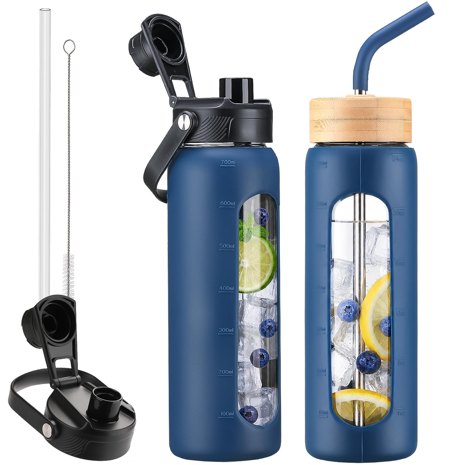 24 oz Glass Water Bottle with Straw and 2 Lids, Nark Blue