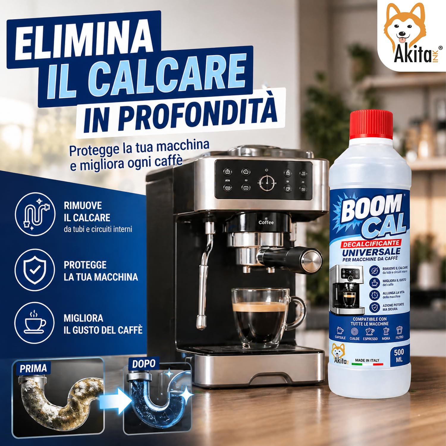 Akitaink Decalcificante Universale per Macchine da Caffè 1000 ml, 2 Flaconi da 500 ml per Pulizia e Manutenzione di Macchine Espresso e Automatiche