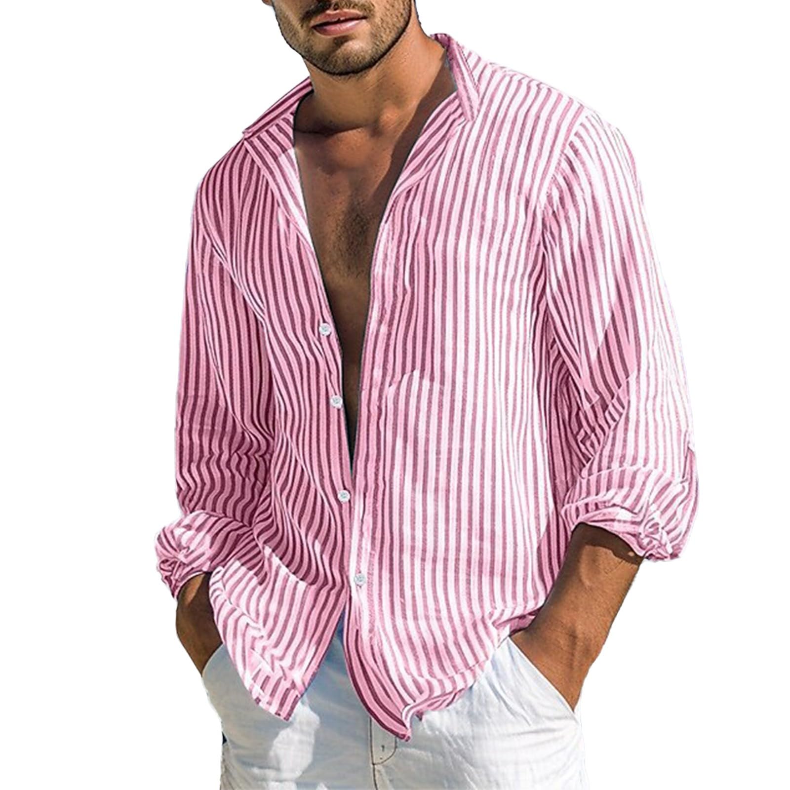 CHUNOTU Mens Striped Button Down Shirts Cotton Linen Dress Shirt Lightweight Comfort Button-Up Tee Tops Beach Party Clothes, Red, XL
